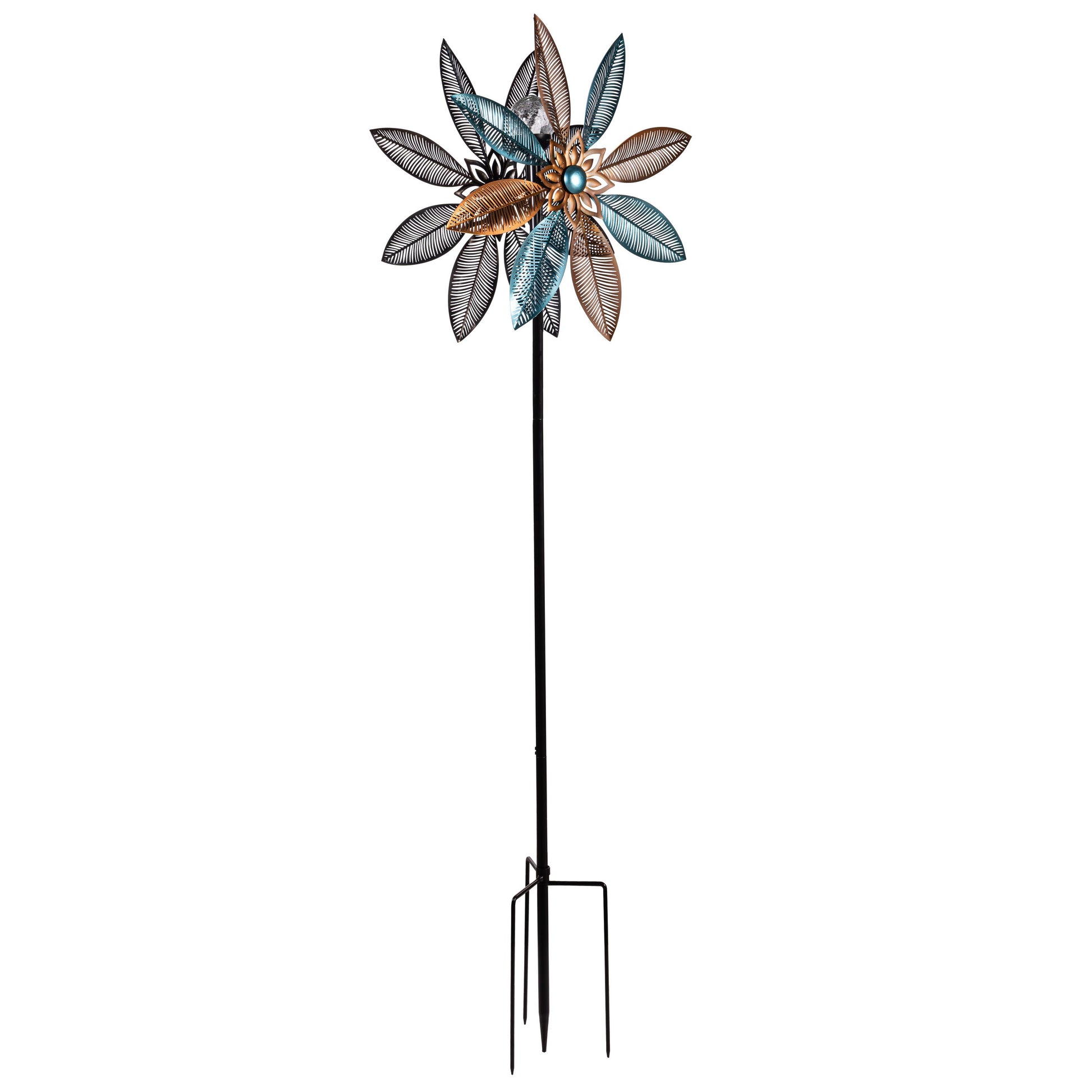 Metal Solar Wind Spinner Copper and Turquoise Pedal Flower 75-inch tall on stake on Tampa Home & Garden Store