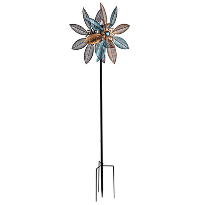 Metal Solar Wind Spinner Copper and Turquoise Pedal Flower 75-inch tall on stake on Tampa Home & Garden Store