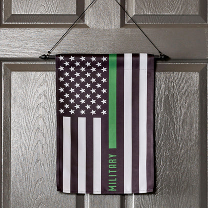 Suede garden flag Military Thin Green Line with stars burgundy field and green center stripe on Tampa Home & Garden Store