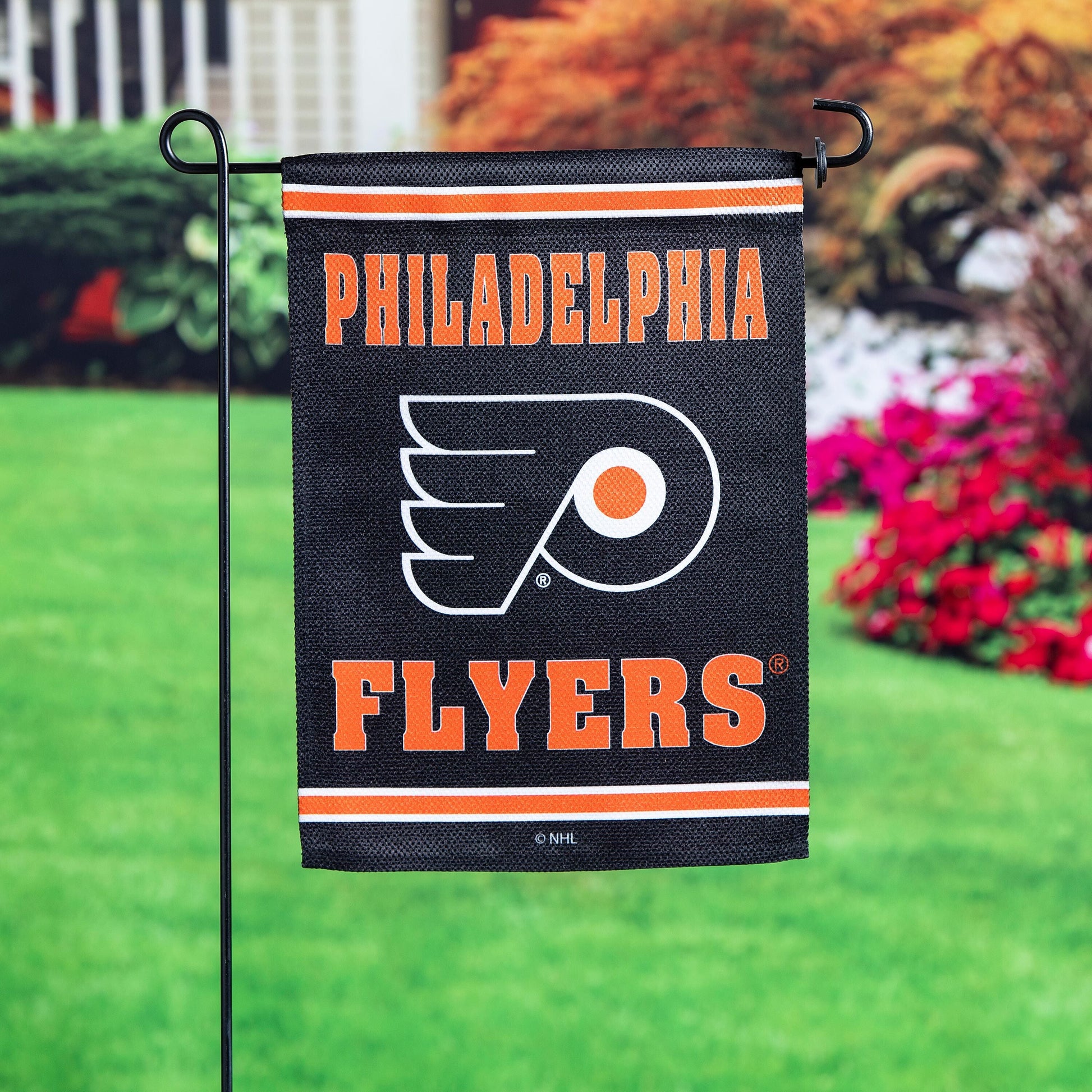 Philadelphia Flyers embossed suede garden flag with orange letters and logo on stake on Tampa Home & Garden Store