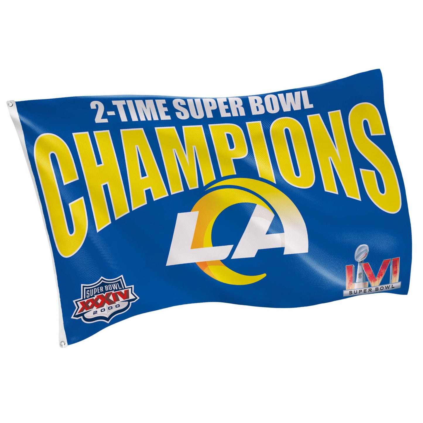 3x5 sublimated flag LA Rams Super Bowl champions in blue and yellow Evergreen Enterprises on Tampa Home & Garden Store