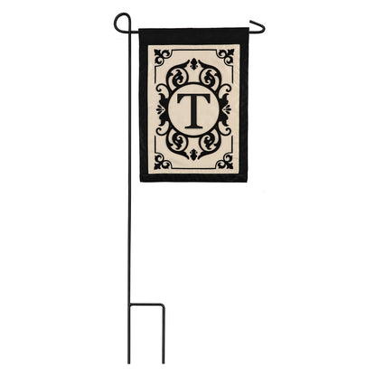Cambridge Monogram Garden Applique Flag Letter T on beige background with black ornate border on Tampa Home & Garden Store