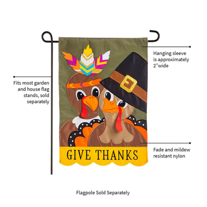 Pilgrim Couple Garden Applique Flag on olive backdrop with colorful hat and banner on Tampa Home & Garden Store