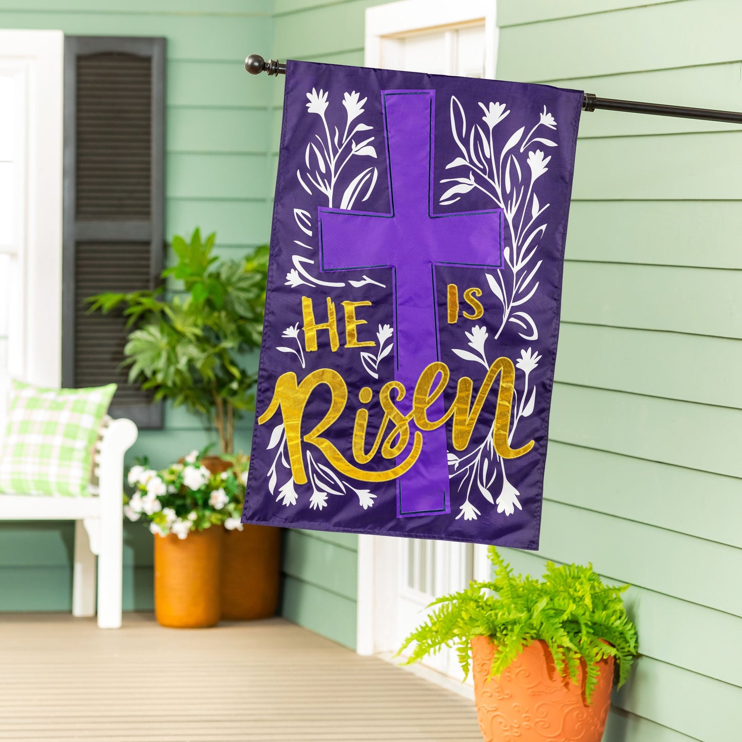 He Is Risen Applique House Flag purple with white florals and gold lettering Evergreen on Tampa Home & Garden Store