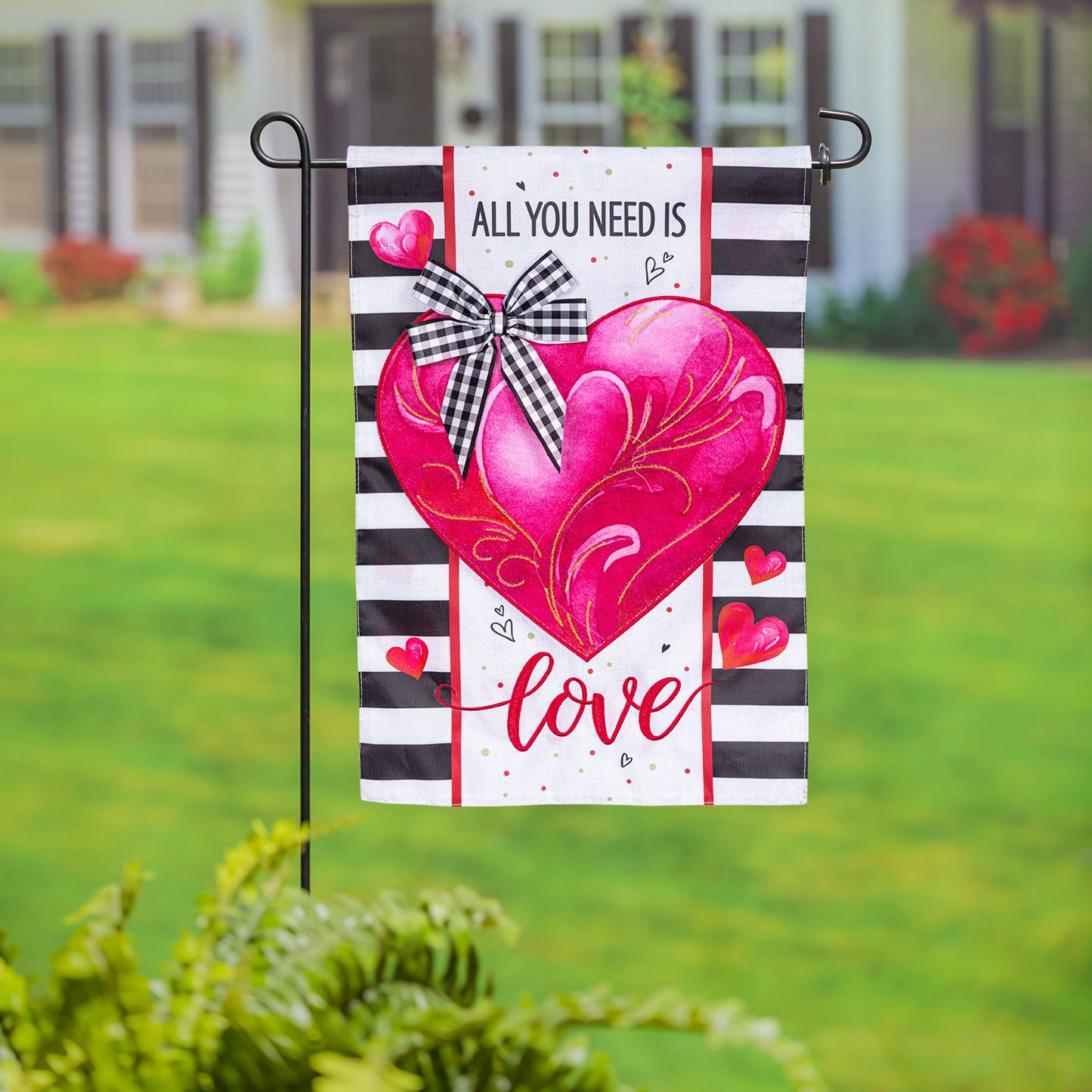 All You Need Is Love Applique Garden Flag black white stripes pink hearts Evergreen Enterprises on Tampa Home & Garden Store