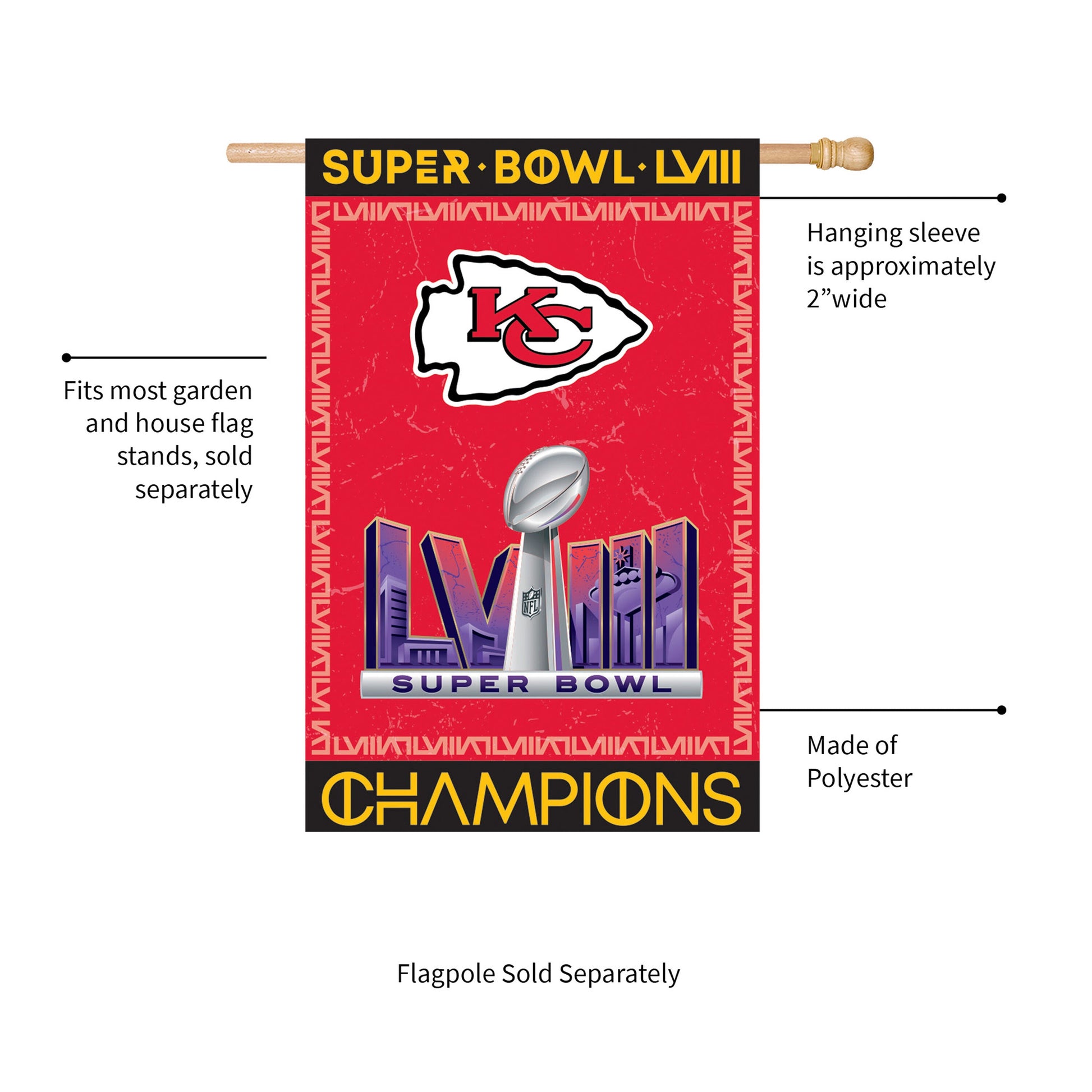 Kansas City Chiefs SB58 Champ embossed suede house flag with KC logo on red field Evergreen on Tampa Home & Garden Store