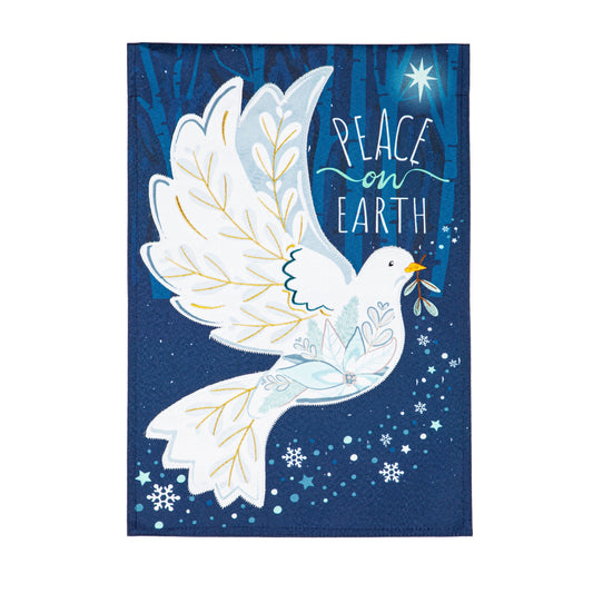 Linen garden flag Peace on Earth Dove on blue background with white dove and snowflakes on Tampa Home & Garden Store