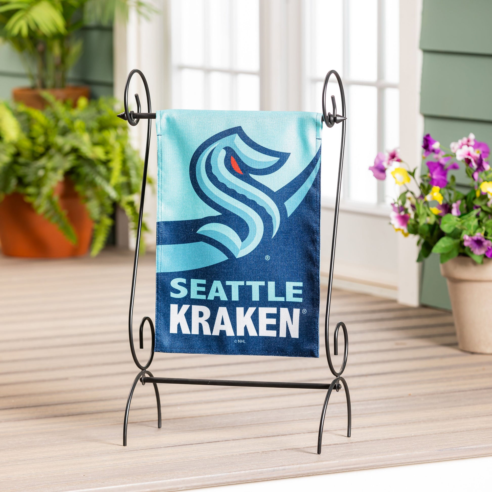 Seattle Kraken burlap garden flag teal and navy logo on burlap, Evergreen Enterprises on Tampa Home & Garden Store