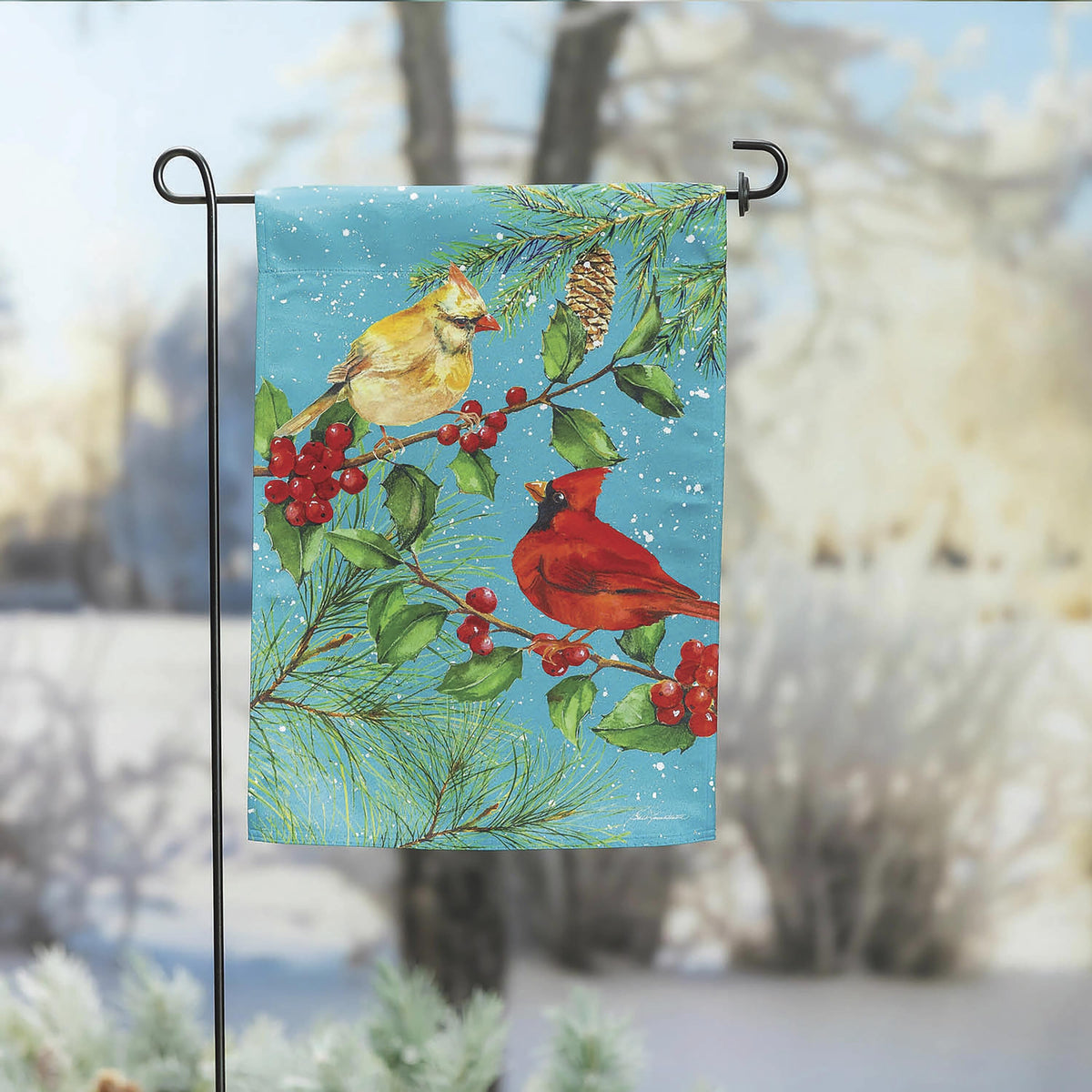 Cardinal Suede Garden Flag teal with cardinal, pine cones and berries Evergreen Enterprises on Tampa Home & Garden Store