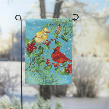 Cardinal Suede Garden Flag teal with cardinal, pine cones and berries Evergreen Enterprises on Tampa Home & Garden Store