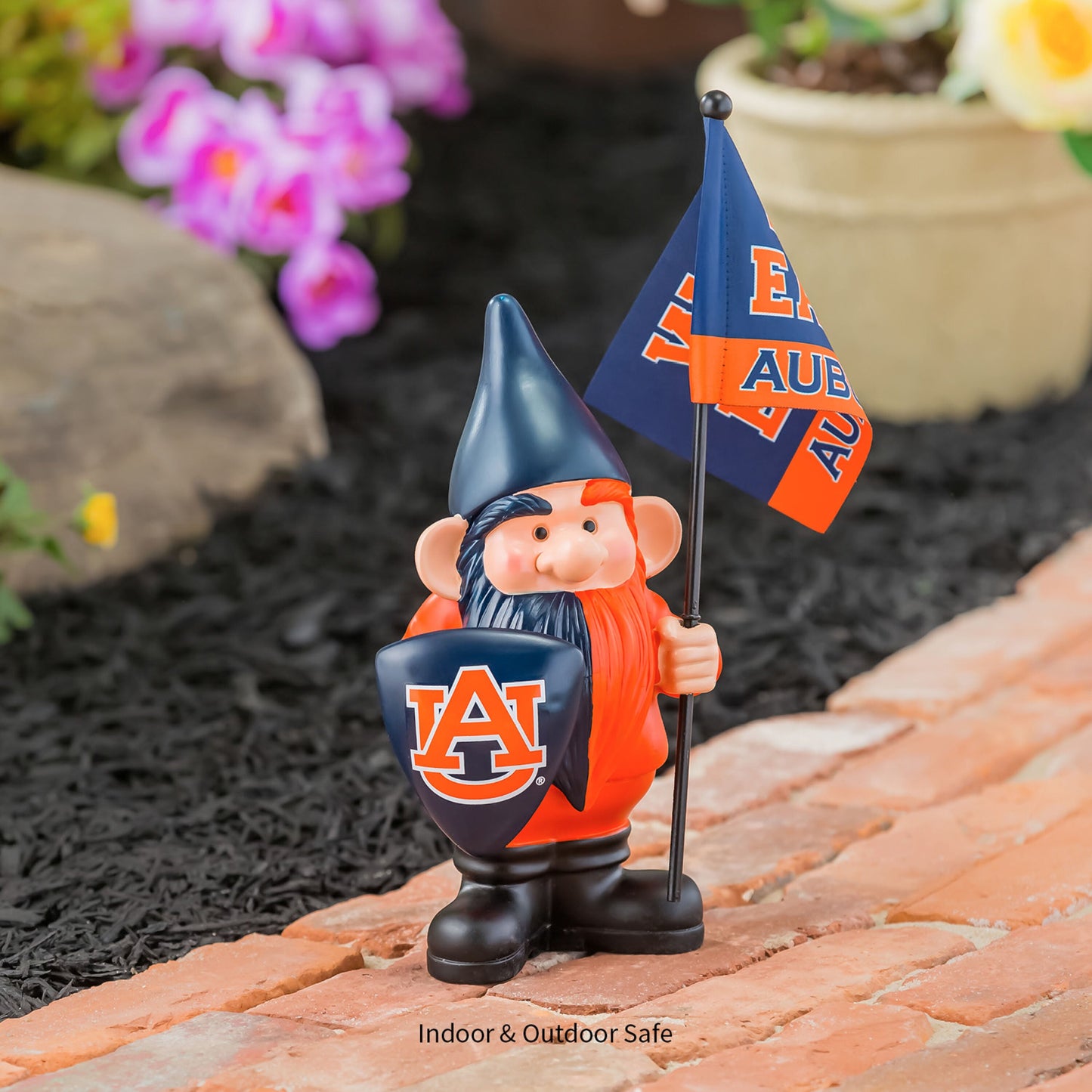 Auburn flag holder gnome garden statue with blue hat and orange outfit holding Auburn flags on Tampa Home & Garden Store