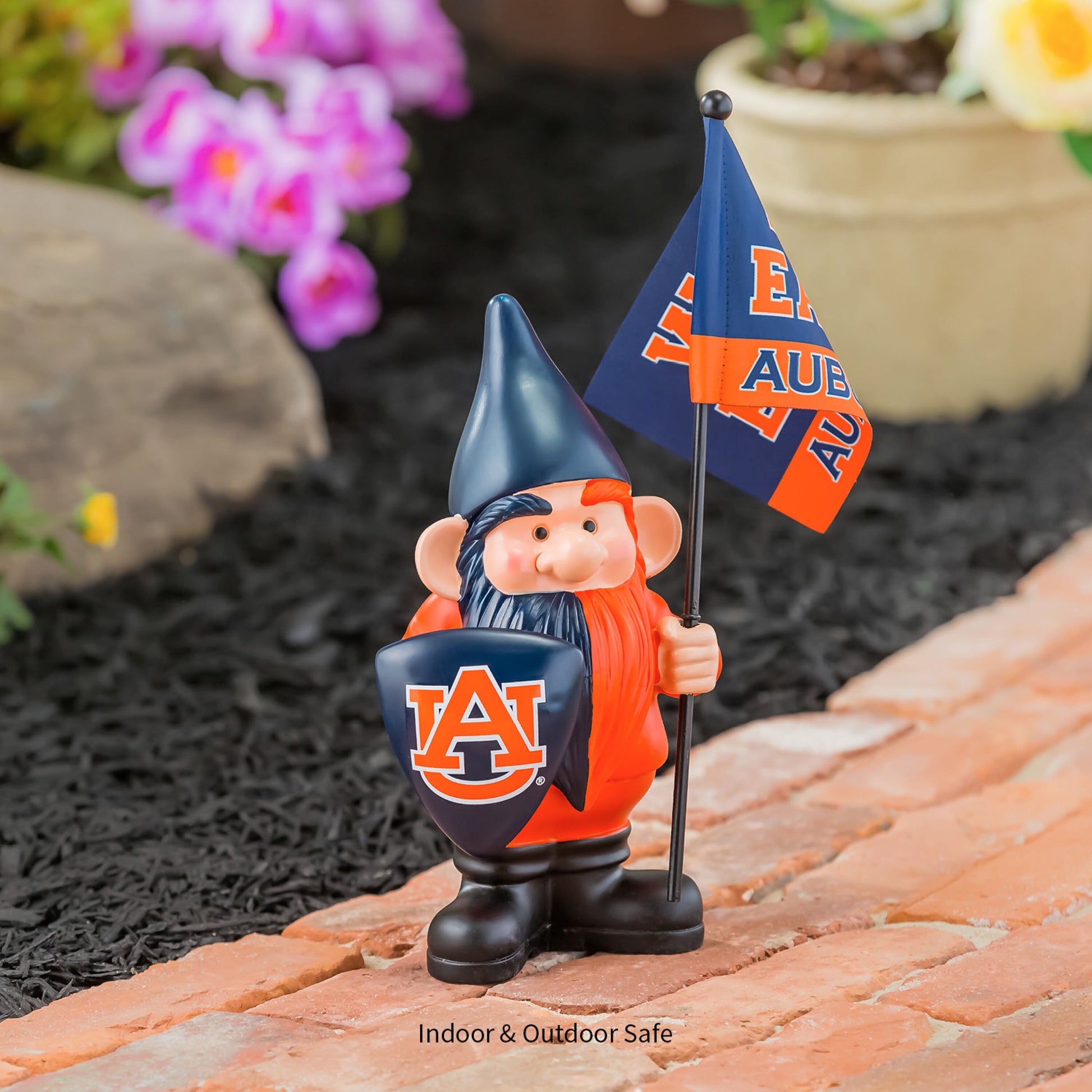 Auburn flag holder gnome garden statue with blue hat and orange outfit holding Auburn flags on Tampa Home & Garden Store