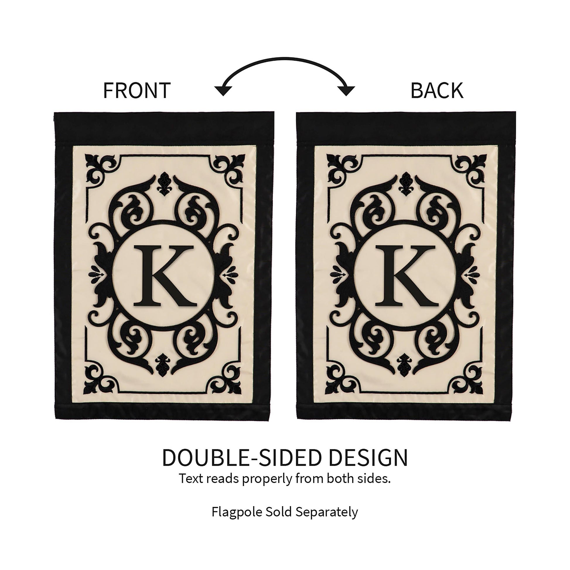 Cambridge Monogram Garden Applique Flag Letter K cream border double-sided 2 flags on Tampa Home & Garden Store