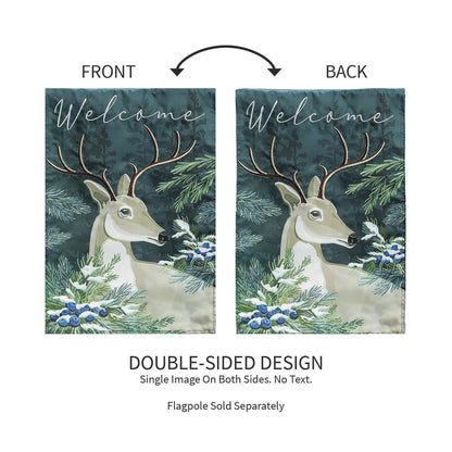 Woodland Deer Welcome applique garden flag; double-sided forest scene with deer, 2 flags shown on Tampa Home & Garden Store