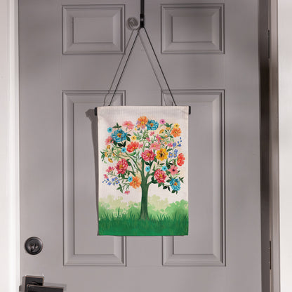 Blooming Tree of Life Burlap Garden Flag with vibrant multicolor blossoms on Tampa Home & Garden Store