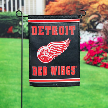 Detroit Red Wings embossed suede garden flag on black stand with red white trim wing logo on Tampa Home & Garden Store