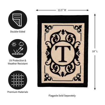 Cambridge Monogram Garden Applique Flag Letter T by Evergreen Enterprises, beige with black frame on Tampa Home & Garden Store