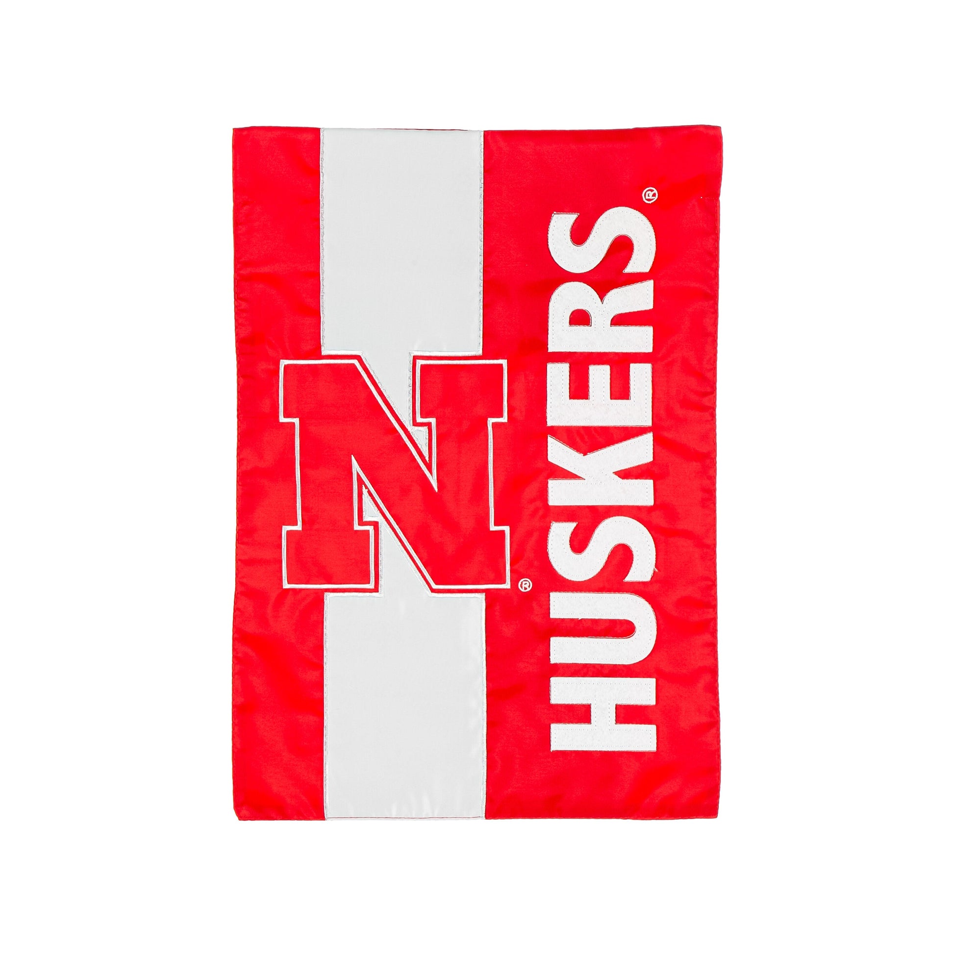 Nebraska Embellished Garden Flag applique white letters red field Evergreen Enterprises on Tampa Home & Garden Store