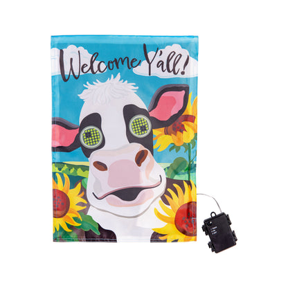 Animated Welcome Y'all Cow Applique Lighted Garden Flag with colorful cow on bright blue sky on Tampa Home & Garden Store