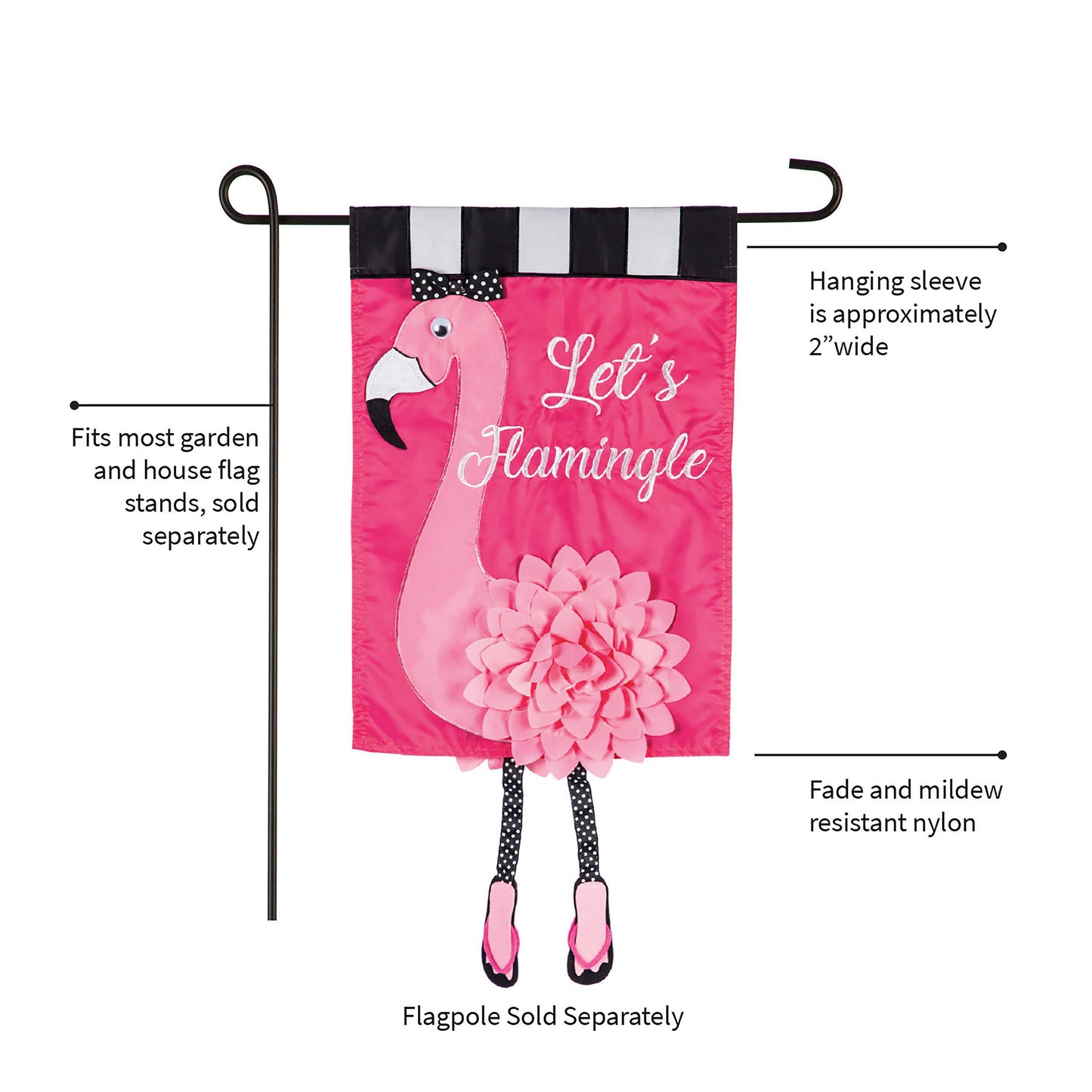 Let's Flamingle garden applique flag featuring pink flamingo, black-and-white striped header, polka-dot bow, on Tampa Home & Garden Store