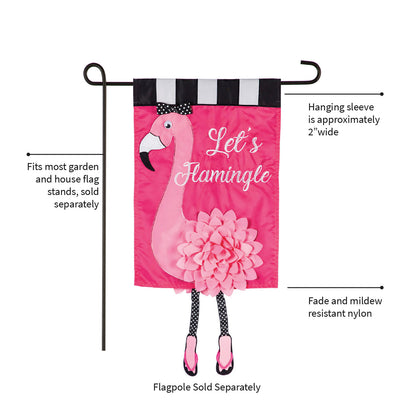 Let's Flamingle garden applique flag featuring pink flamingo, black-and-white striped header, polka-dot bow, on Tampa Home & Garden Store