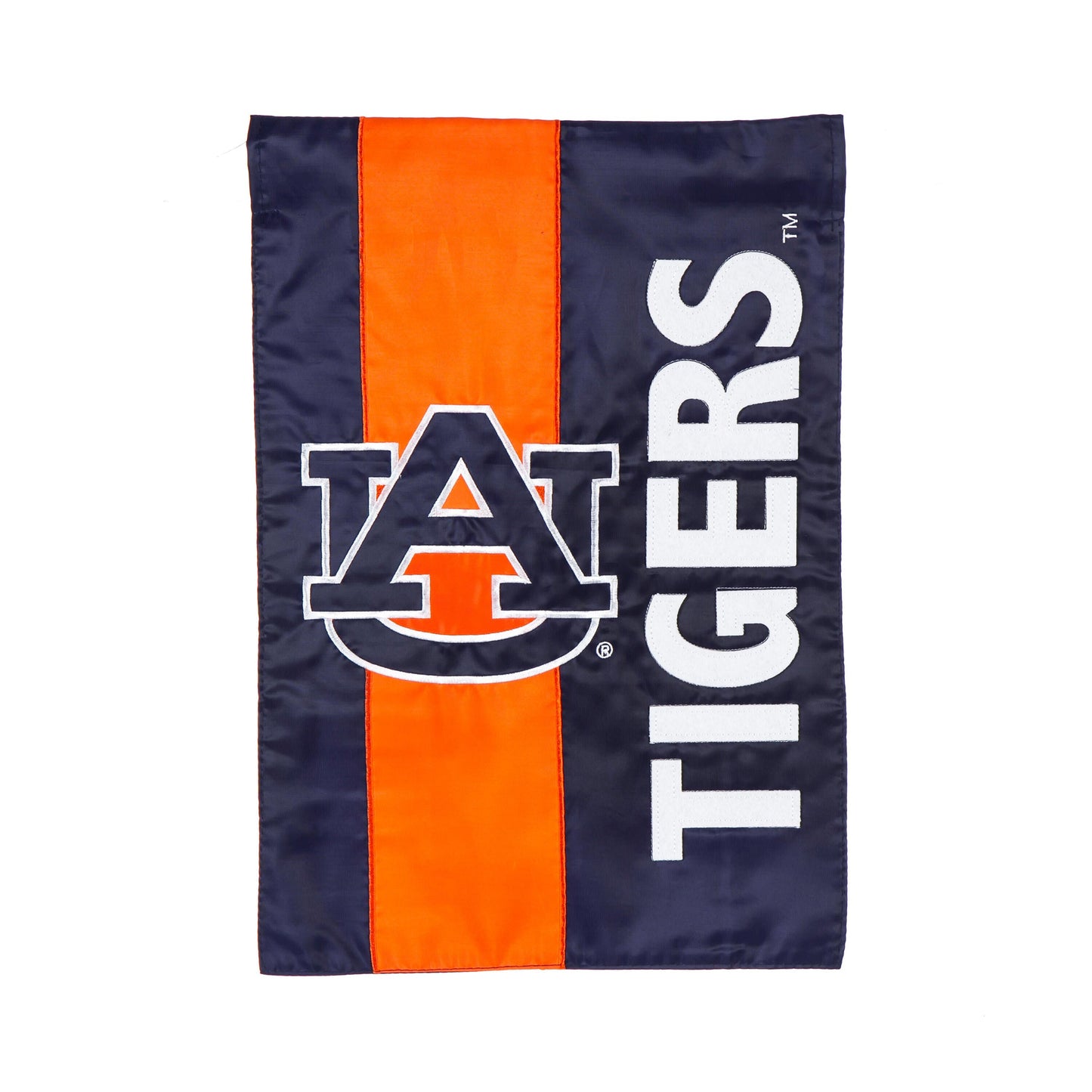 Applique Auburn University garden flag with navy background and bright orange vertical stripe on Tampa Home & Garden Store