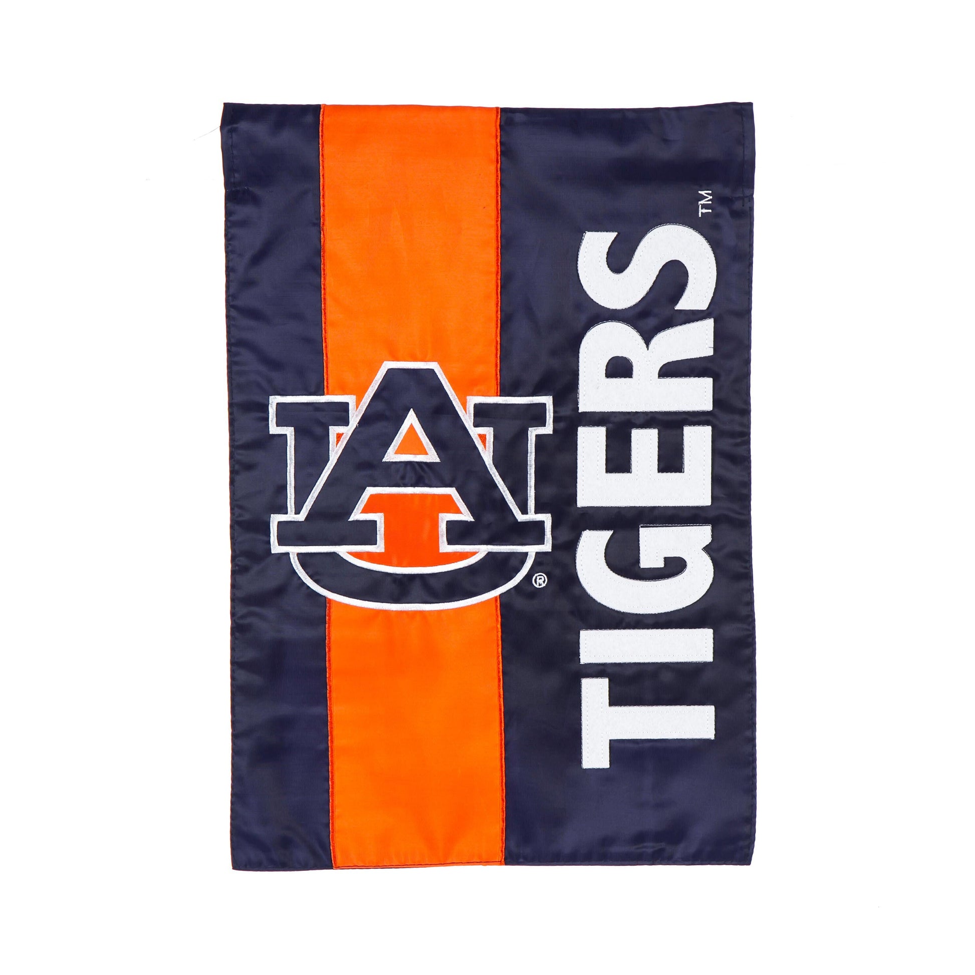 Applique Auburn University garden flag with navy background and bright orange vertical stripe on Tampa Home & Garden Store