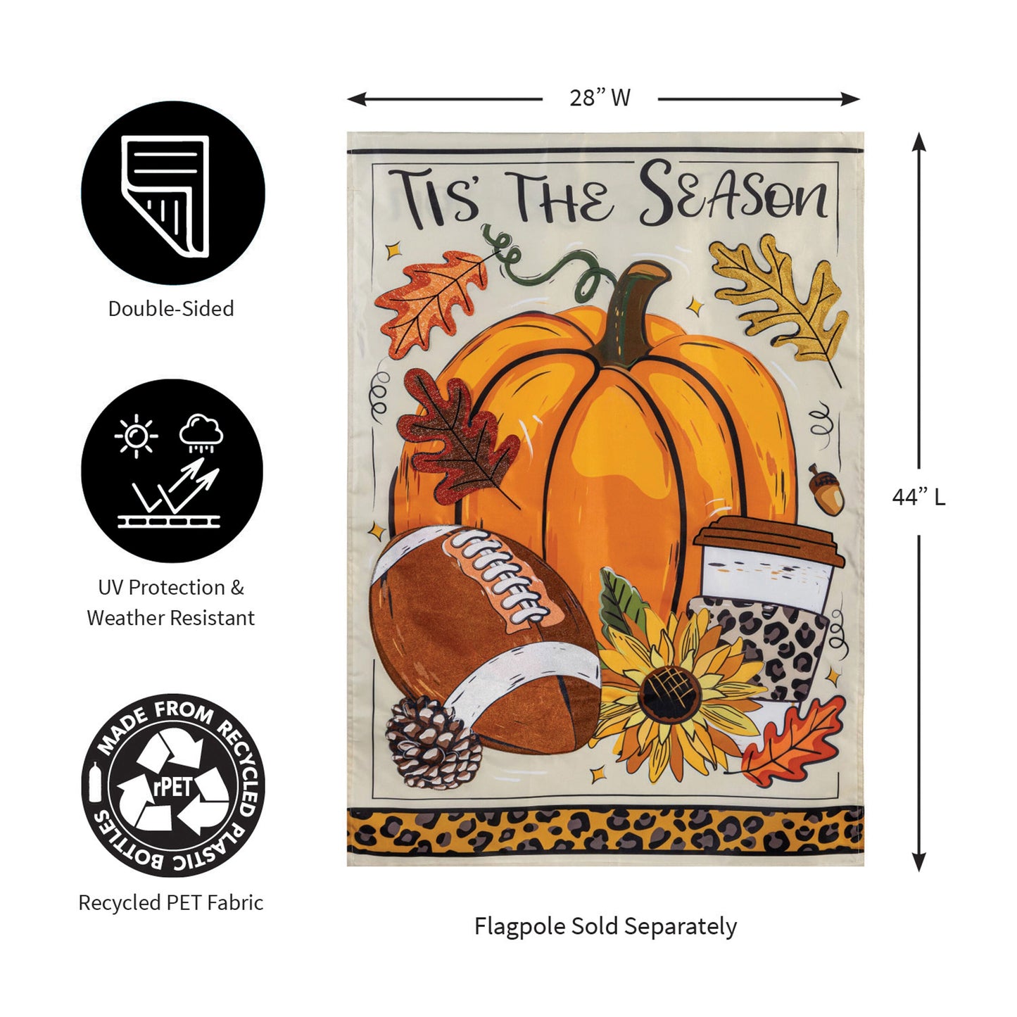 Applique House Flag Tis' The Season Fall with pumpkin and autumn leaves 28W x 44L on Tampa Home & Garden Store