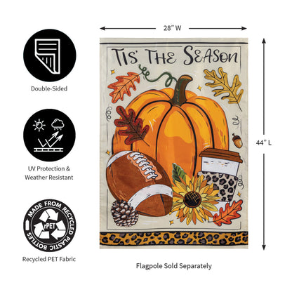 Applique House Flag Tis' The Season Fall with pumpkin and autumn leaves 28W x 44L on Tampa Home & Garden Store