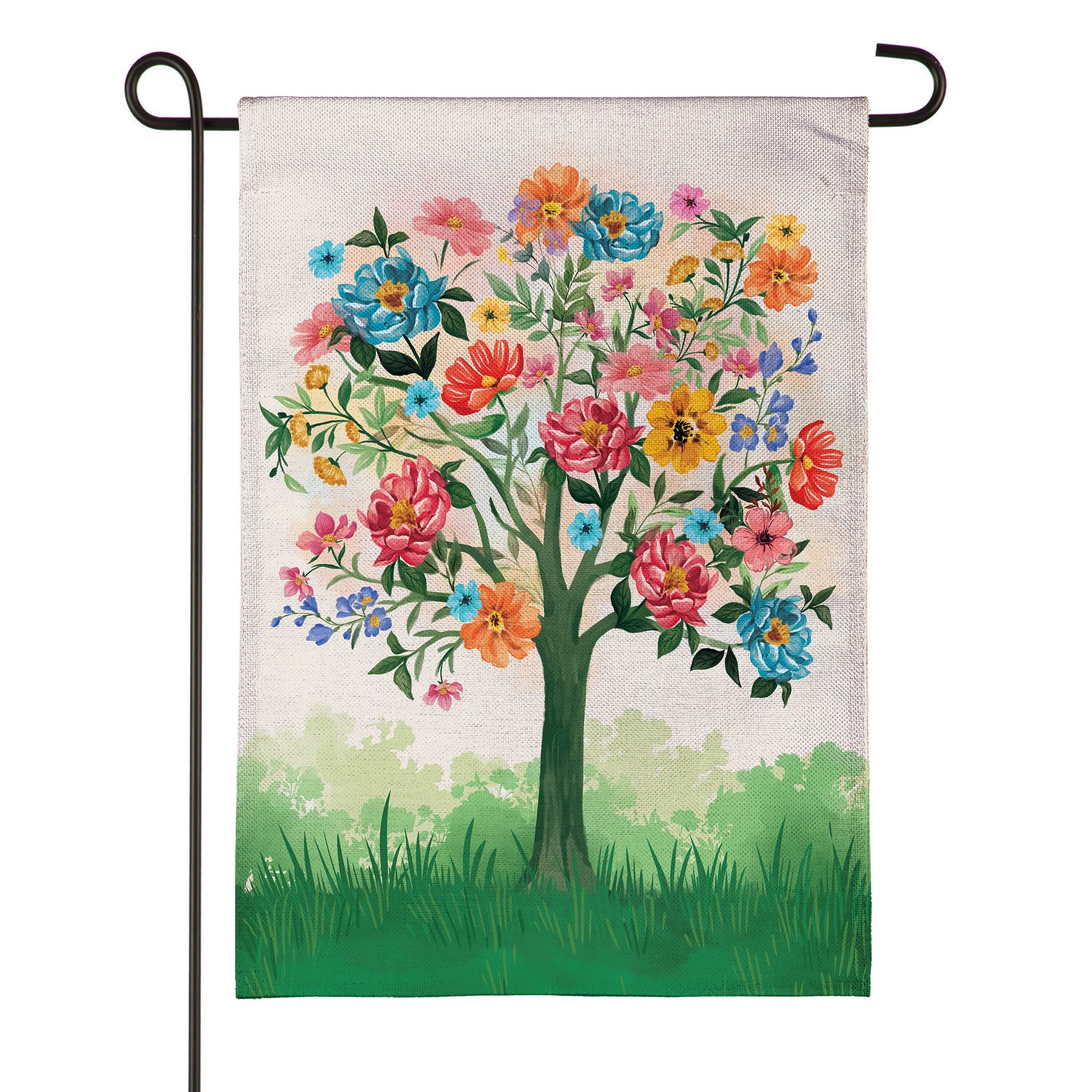 Blooming Tree of Life Burlap Garden Flag on a stand with colorful flowers on Tampa Home & Garden Store