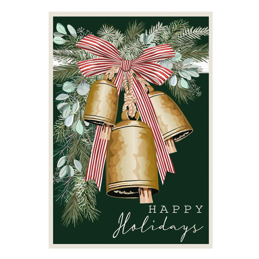 Golden bells applique house flag with red striped ribbon and evergreen sprigs, holiday on Tampa Home & Garden Store