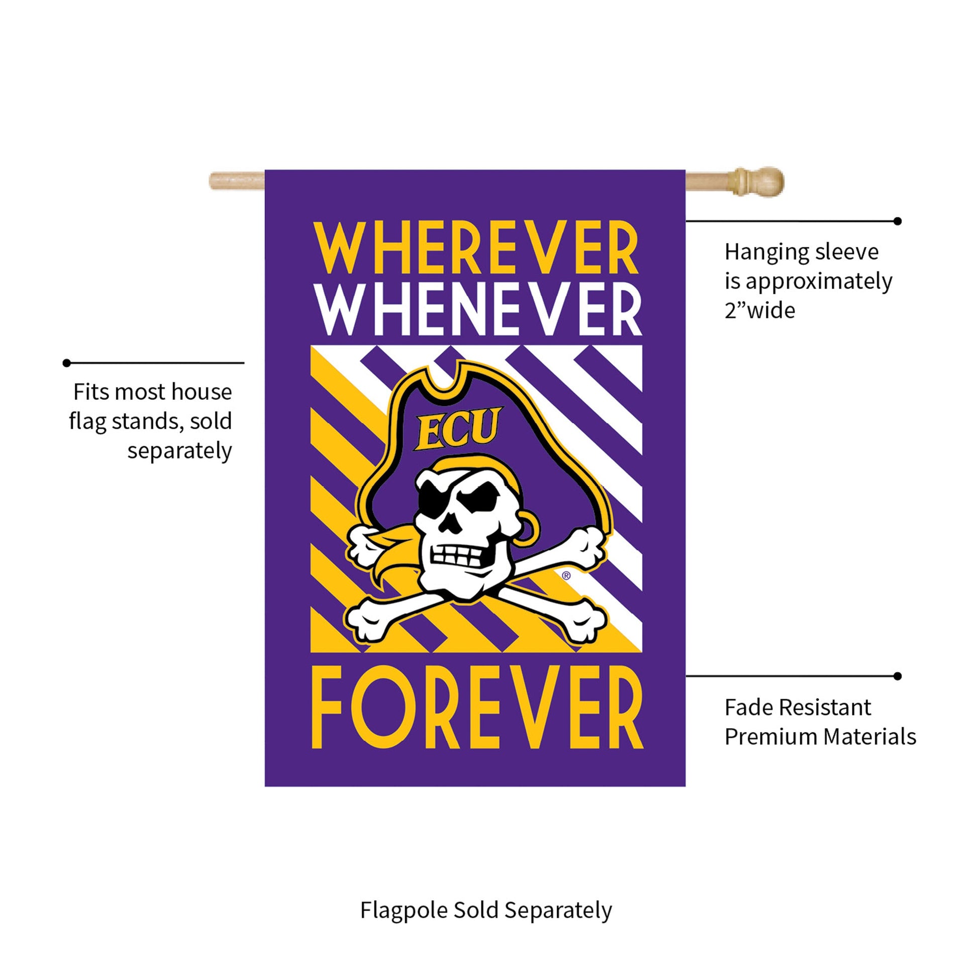 ECU WWF House Flag; purple and gold with skull emblem, Evergreen Enterprises on Tampa Home & Garden Store