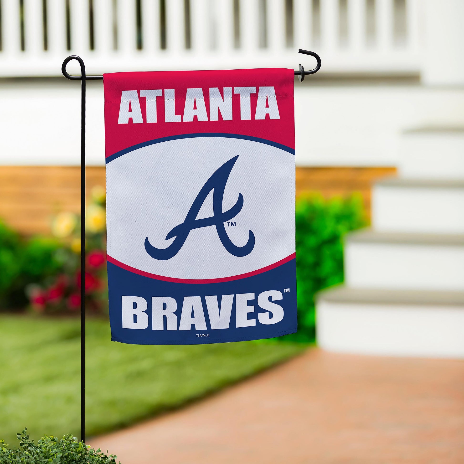 Atlanta Braves suede garden flag pink header ATLANTA text blue logo on metal stake on Tampa Home & Garden Store