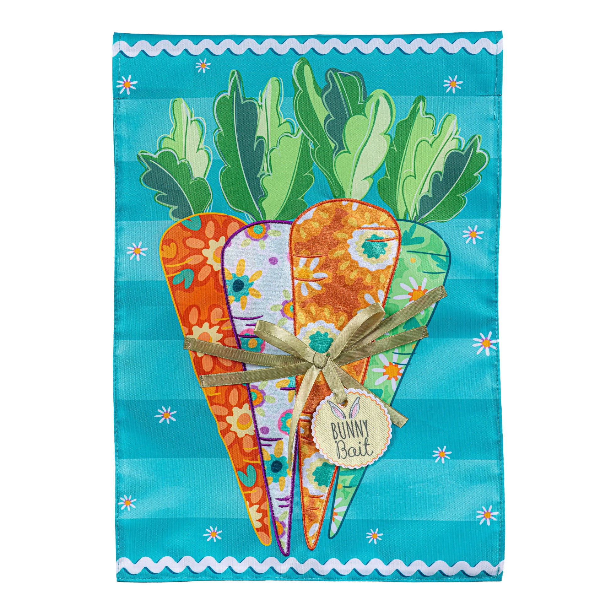 Bunny Bait Bunch applique garden flag with colorful carrot bouquet on turquoise background on Tampa Home & Garden Store