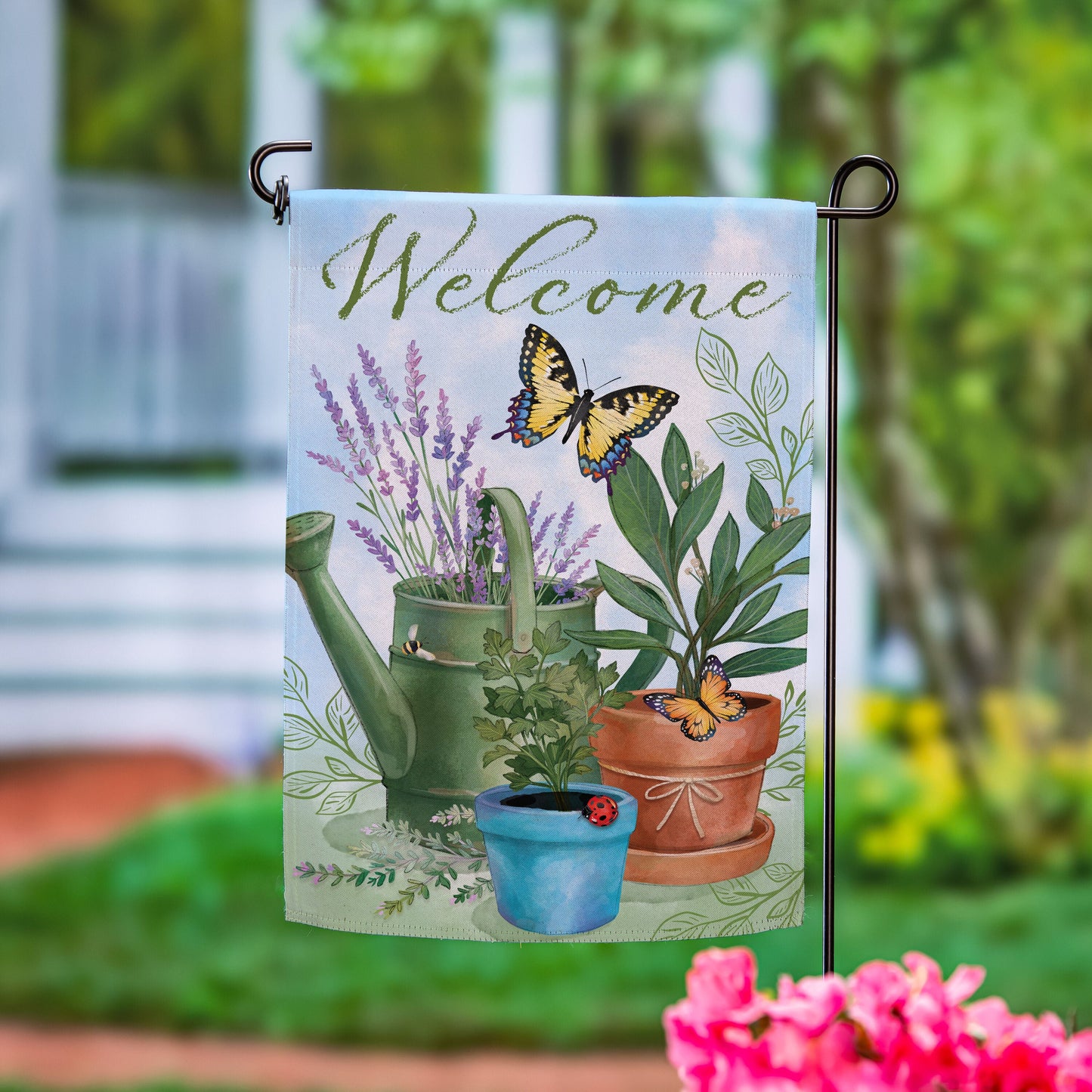 Pollinator Garden Watering Can & Plants Suede Garden Flag