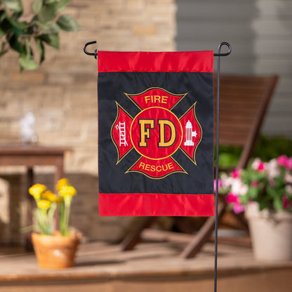 Fire Department Garden Applique Flag on stand with red top border and dark blue field emblem on Tampa Home & Garden Store