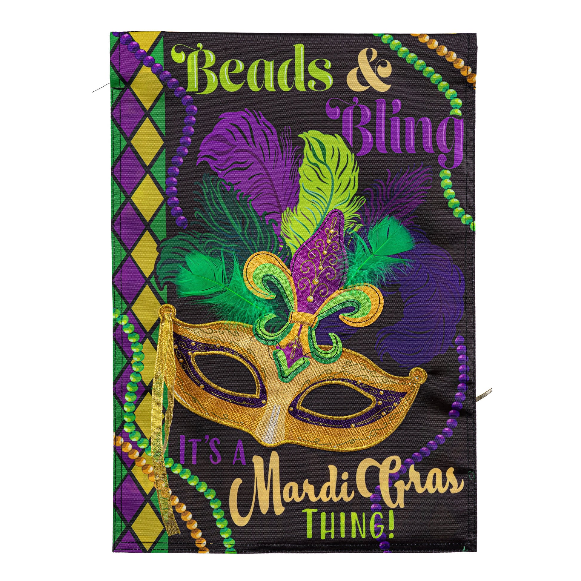 Garden flag Mardi Gras Beads & Bling applique with purple green gold beads and mask on Tampa Home & Garden Store