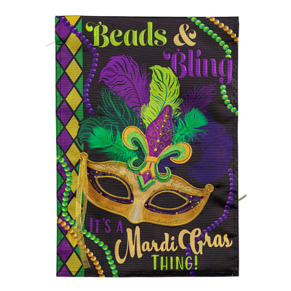 Garden flag Mardi Gras Beads & Bling applique with purple green gold beads and mask on Tampa Home & Garden Store