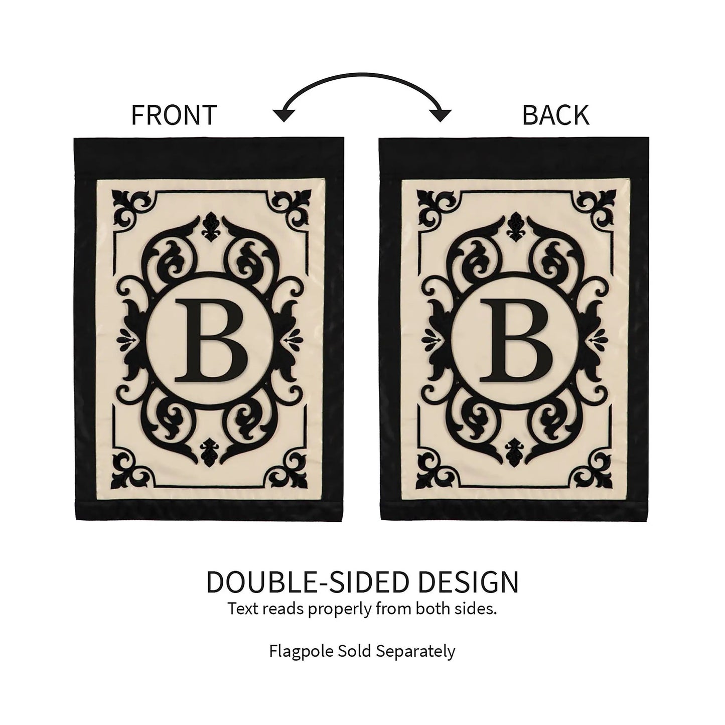 Cambridge Monogram Applique Flag B by Evergreen Enterprises, beige flag with black frame, on Tampa Home & Garden Store