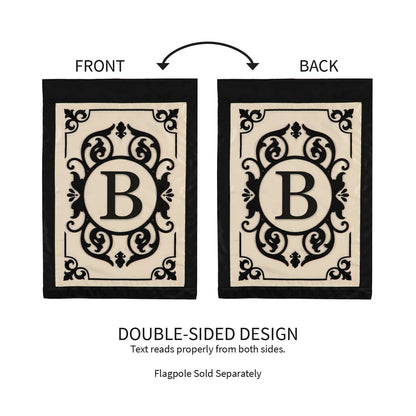 Cambridge Monogram Applique Flag B by Evergreen Enterprises, beige flag with black frame, on Tampa Home & Garden Store