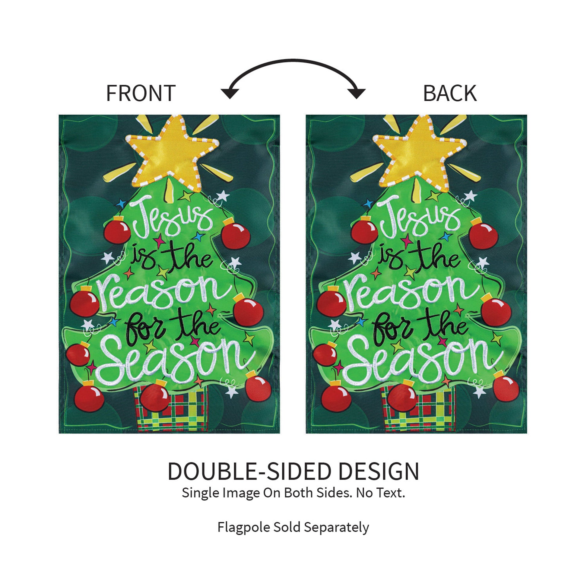 Jesus Is the Reason Christmas Garden Flag, green double-sided applique by Evergreen on Tampa Home & Garden Store