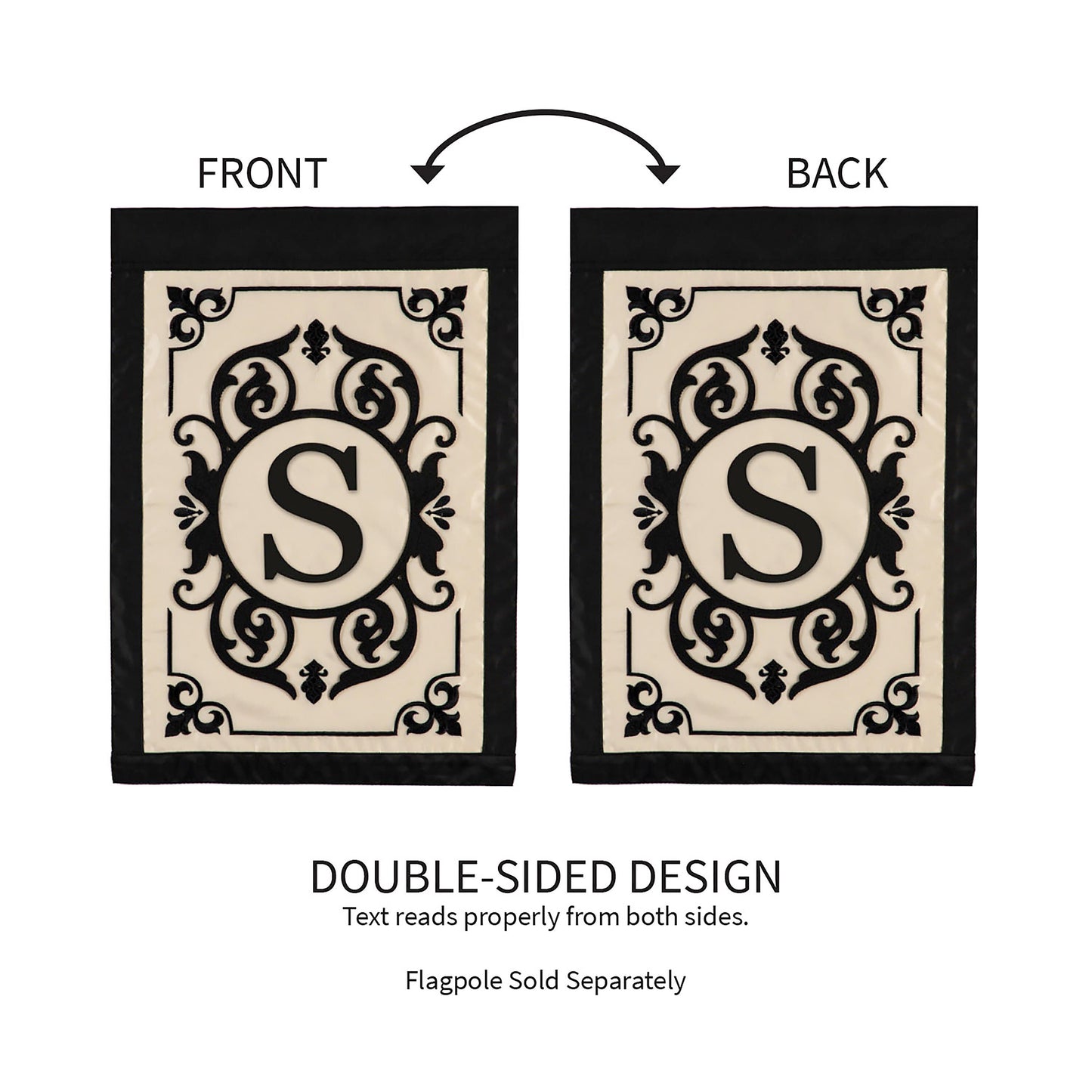 Two Cambridge Monogram Garden Applique Flags Letter S panel with black S and border double-sided on Tampa Home & Garden Store