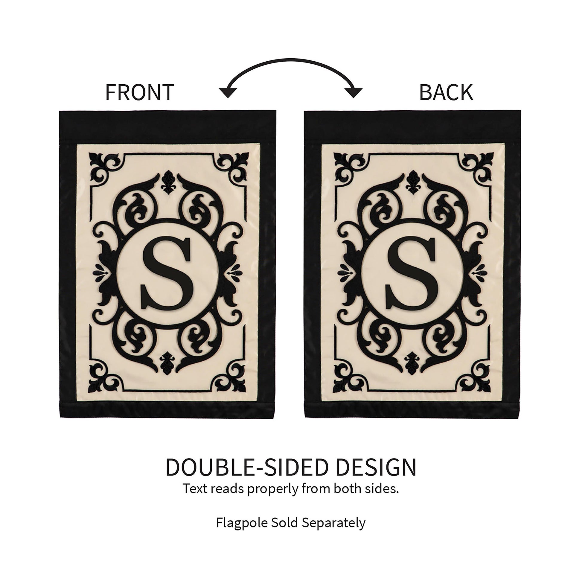 Two Cambridge Monogram Garden Applique Flags Letter S panel with black S and border double-sided on Tampa Home & Garden Store