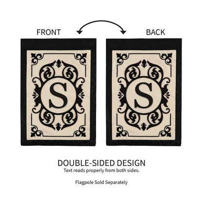 Two Cambridge Monogram Garden Applique Flags Letter S panel with black S and border double-sided on Tampa Home & Garden Store