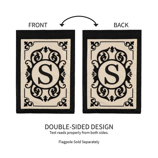 Two Cambridge Monogram Garden Applique Flags Letter S panel with black S and border double-sided on Tampa Home & Garden Store