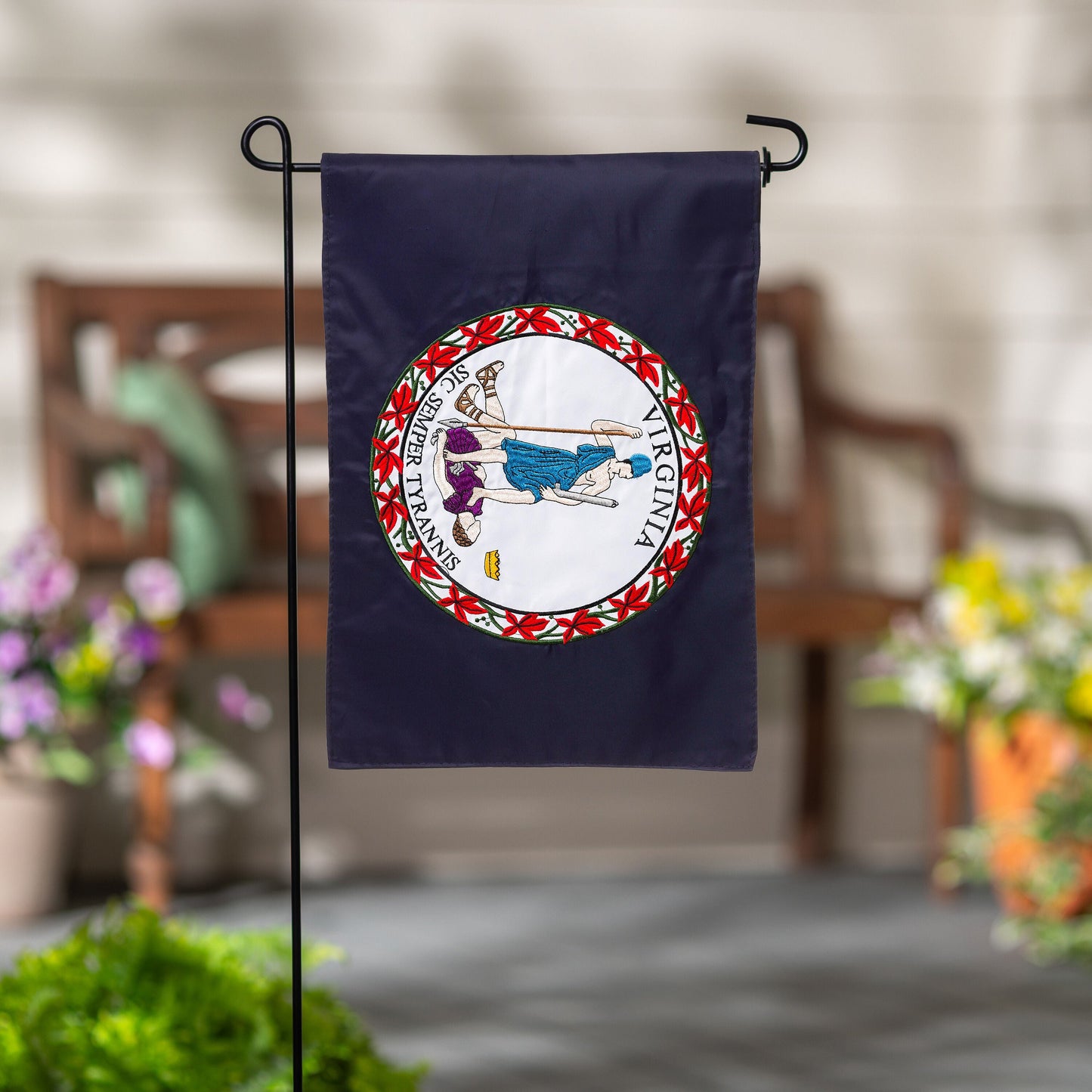 Virginia state flag garden applique flag on navy background with circular seal and red floral border on Tampa Home & Garden Store