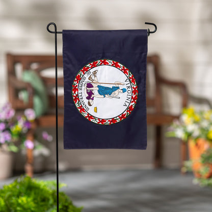 Virginia state flag garden applique flag on navy background with circular seal and red floral border on Tampa Home & Garden Store