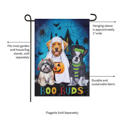 Boo Buds Applique Garden Flag Seasonal Welcome blue Halloween scene with dogs and pumpkins on Tampa Home & Garden Store
