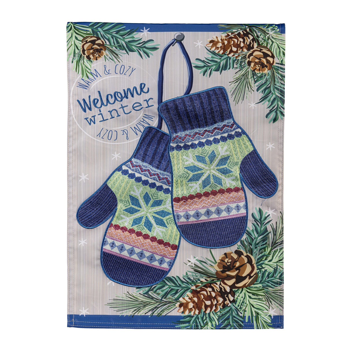 Winter Mittens Applique Garden Flag featuring blue knit mittens and pine cones on Tampa Home & Garden Store