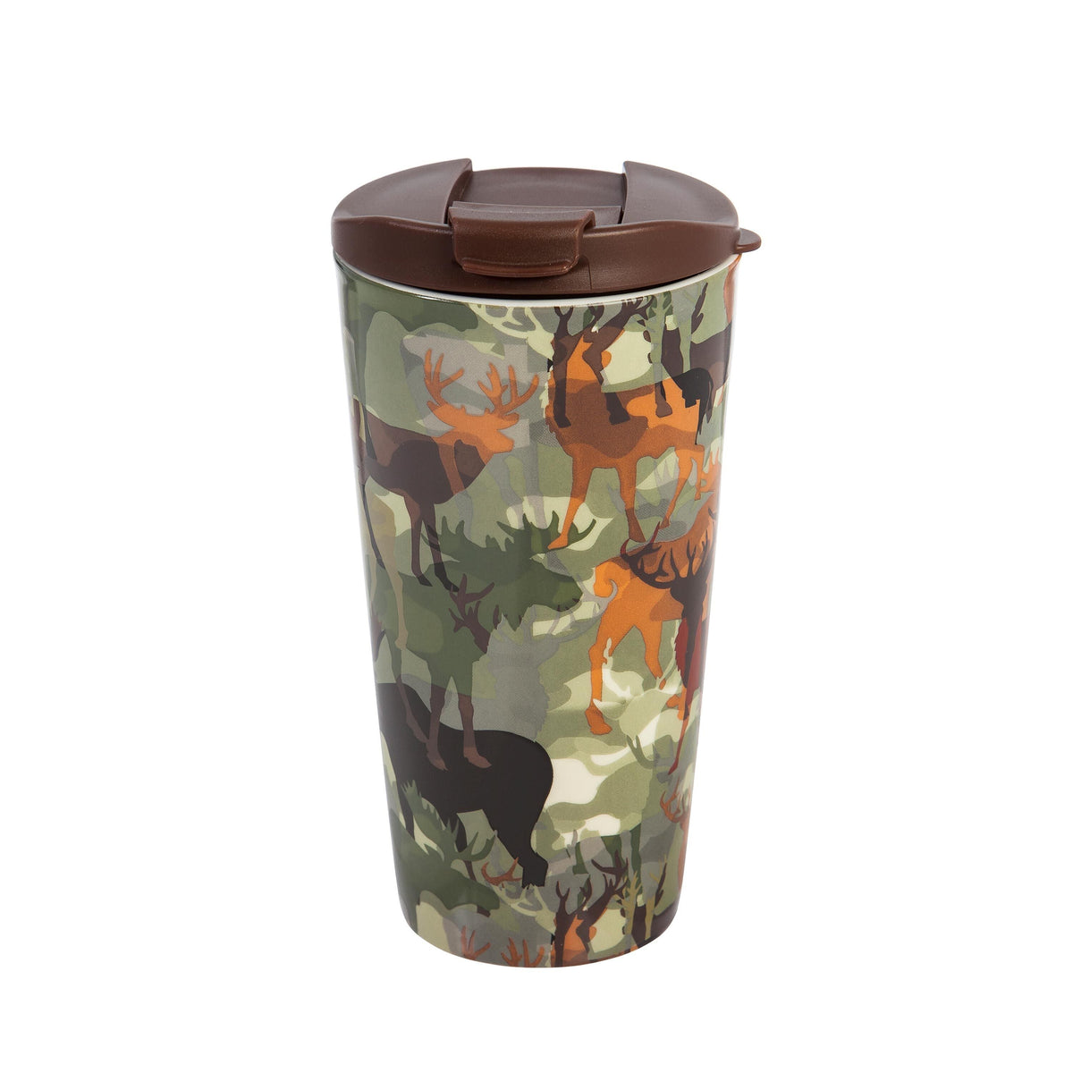 Harvest Home 17 oz ceramic travel cup in woodland camouflage with brown lid on Tampa Home & Garden Store